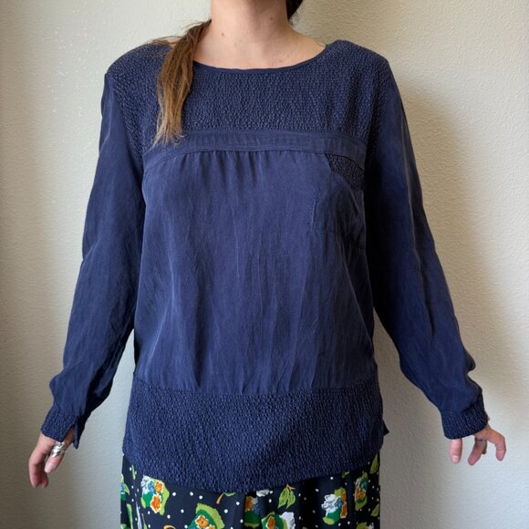 PRICE FIRM Vintage 80s Wild Rose Deep Blue Navy Silk Textured Blouse Large - Picture 10 of 10